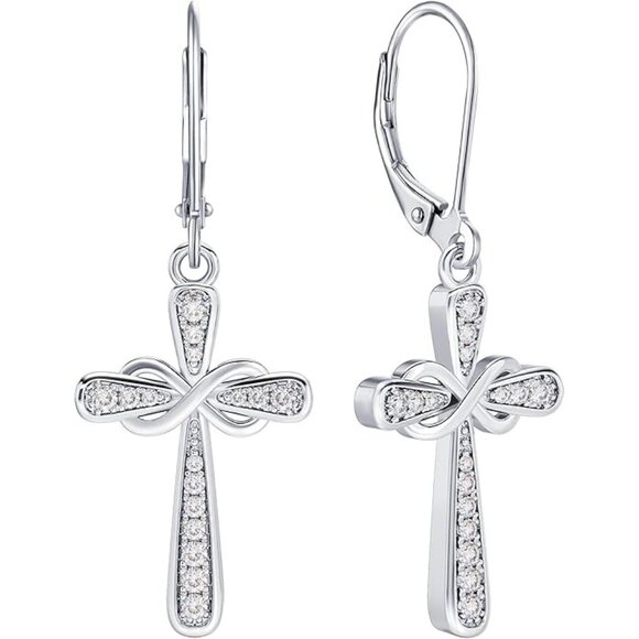 Cross Silver Infinity Dangle Drop Earrings Birthstone - 04-zirconia-Apr